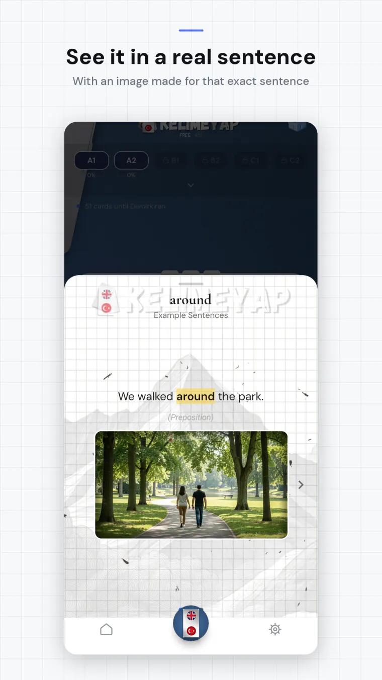 The word 'around' shown inside the sentence 'We walked around the park', with an image made for that sentence.
