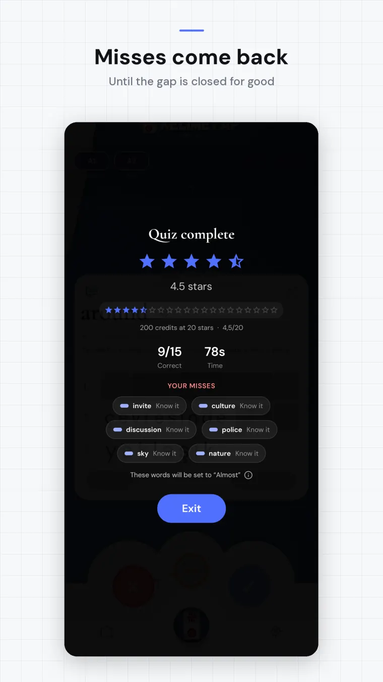 A quiz result screen listing the words that were missed.
