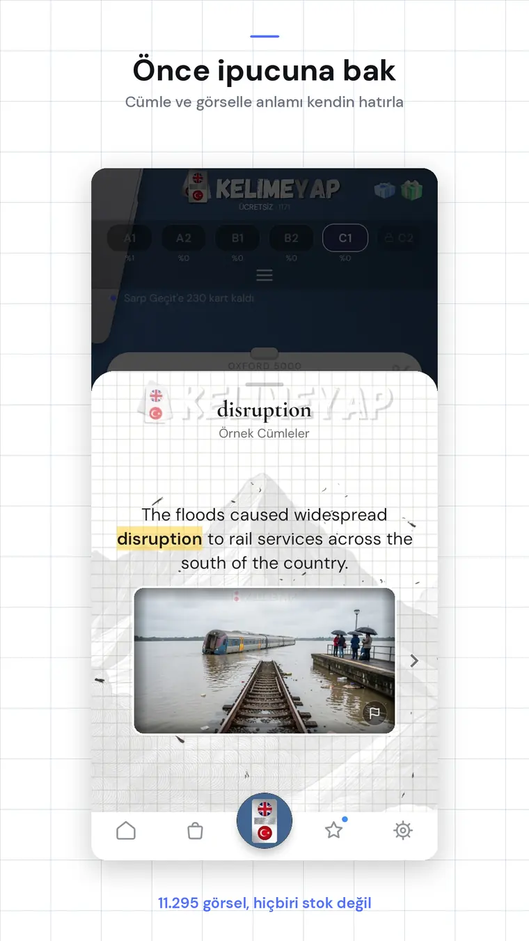 'disruption' kelimesi bir örnek cümlenin içinde vurgulu, yanında o cümle için hazırlanmış görsel.