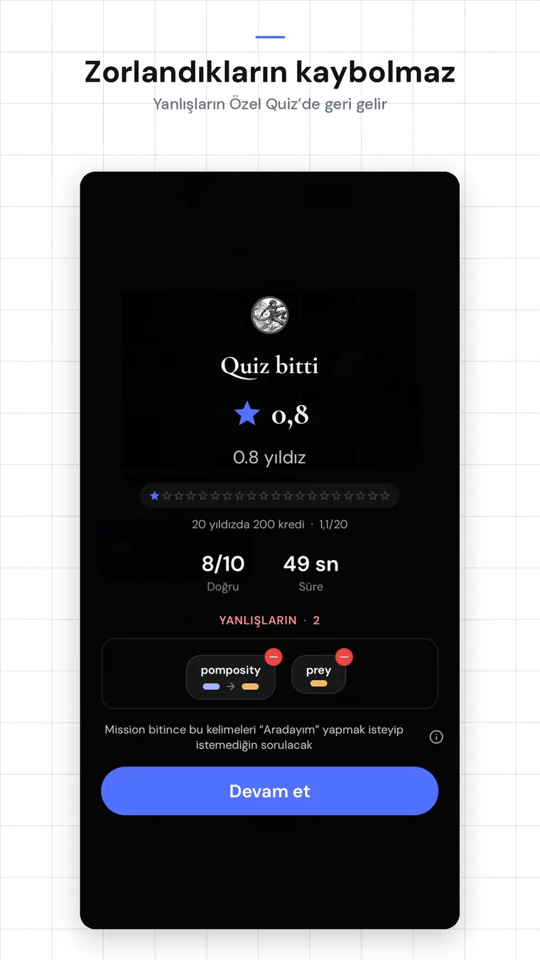 Quiz sonucu ekranı ve yanlış yapılan kelimeler.