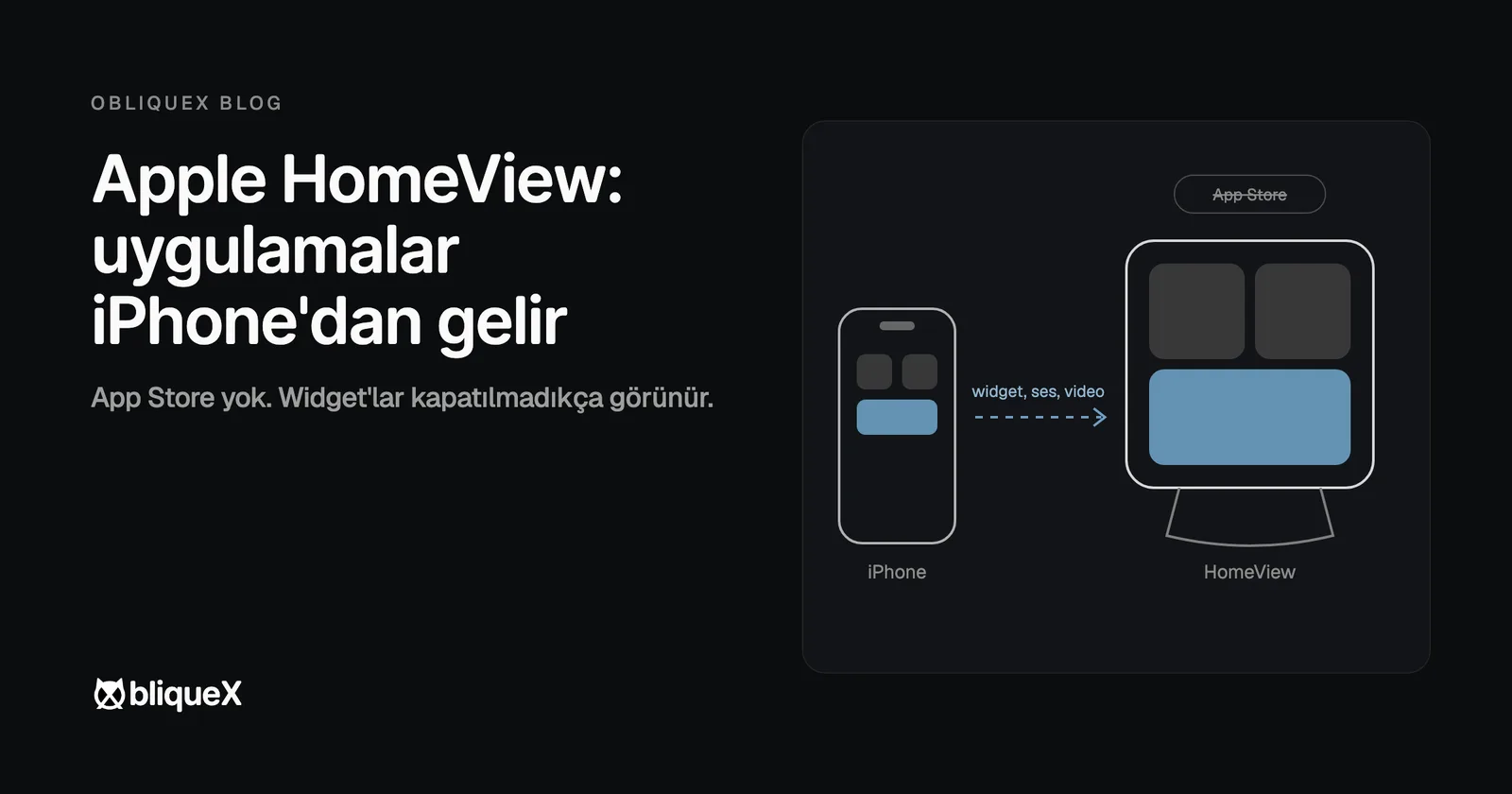 Bir şema: widget, ses ve video uygulamaları iPhone'dan HomeView'un kare ekranına gidiyor; App Store üstü çizili.