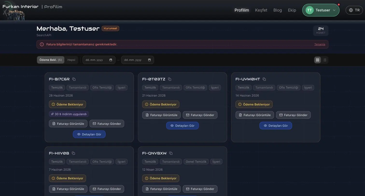 The member portal listing past services with payment state and invoice actions.