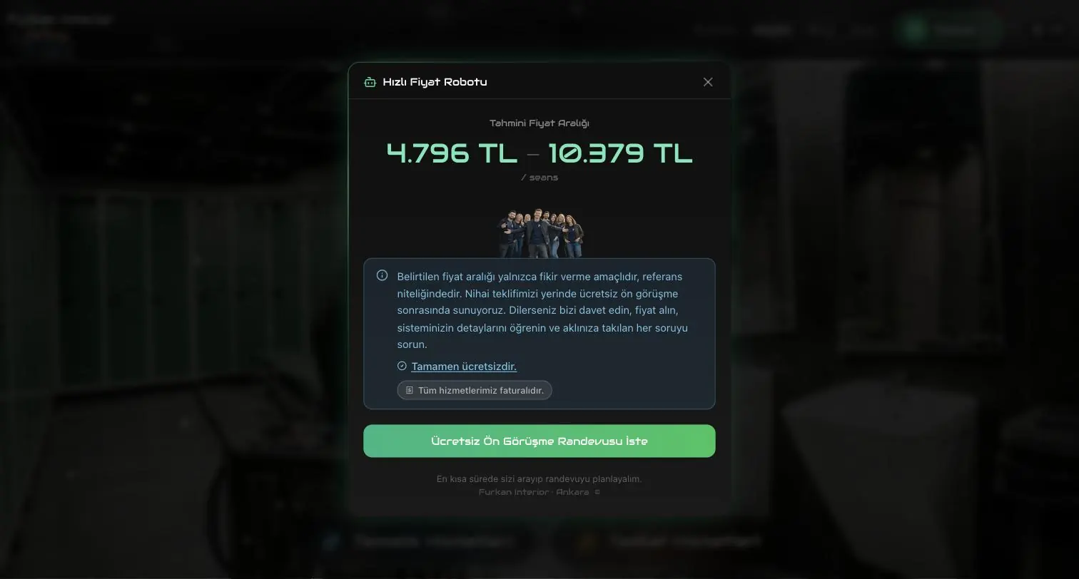 The result screen of the price robot, showing a price range and a booking action.