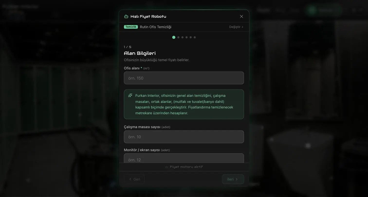A step of the price questionnaire, with fields specific to the chosen service.
