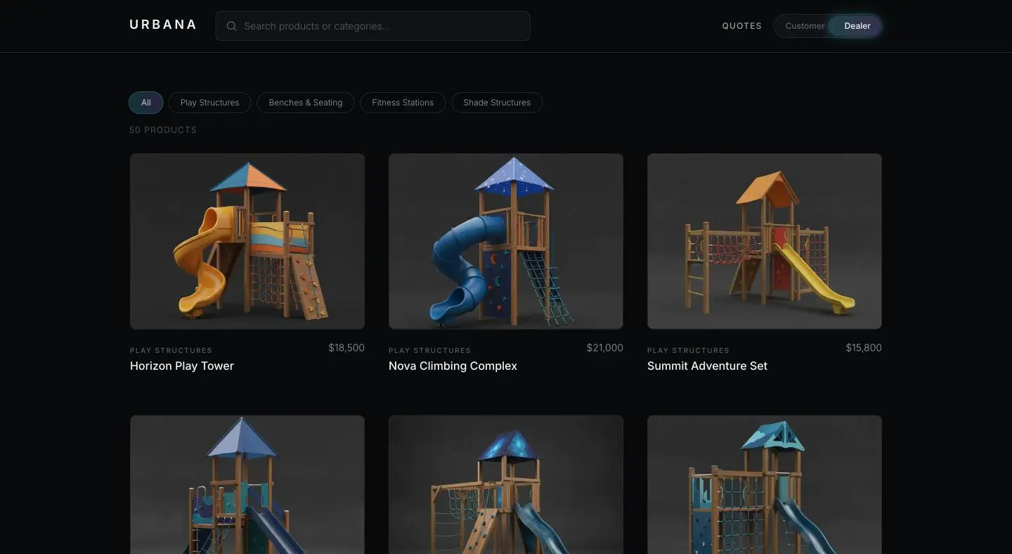 The catalog grid with category filters, product photographs and prices.