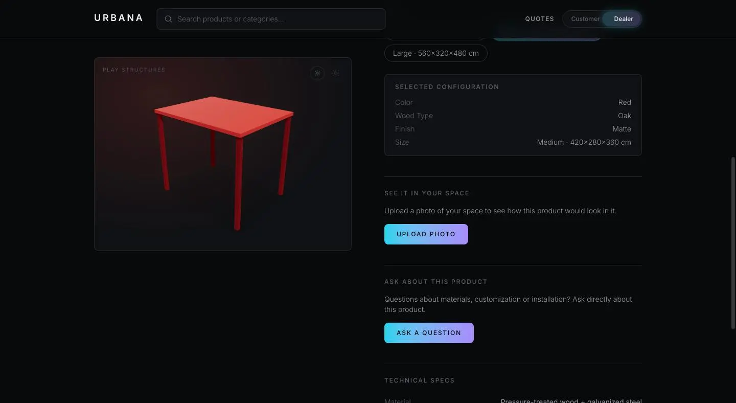 A product page with the 3D viewer, the selected configuration, the See It In Your Space upload and the question button.